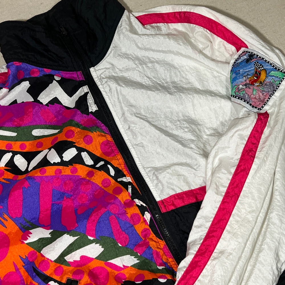 Vintage 90s Hotdogger Color Block Nylon Track Jacket Retro Cartoon Patch M